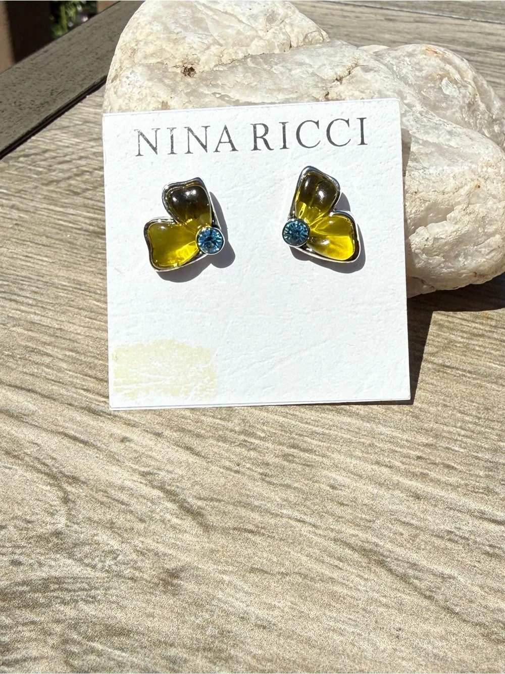 NWT vintage Nina Ricci butterfly Amber Blue Swarovski Stud earrings